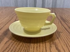 Hazel Atlas Moderntone Platonite Coffee Tea Cup  Saucer Pastel Yellow Vintage