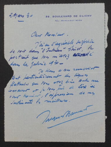 Jacques BAUMER - AUTOGRAPH LETTER SIGNED TO Gabriel REUILLARD, 1930 - Picture 1 of 3