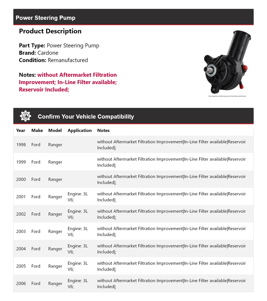 For 1998-2006 Ford Ranger Power Steering Pump Cardone 1999 2000 2001 2002 2003 - Image 2 of 4