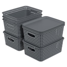 6-pack Plastic Small Baskets, Woven Storage Basket with Lid, Stackable, Grey