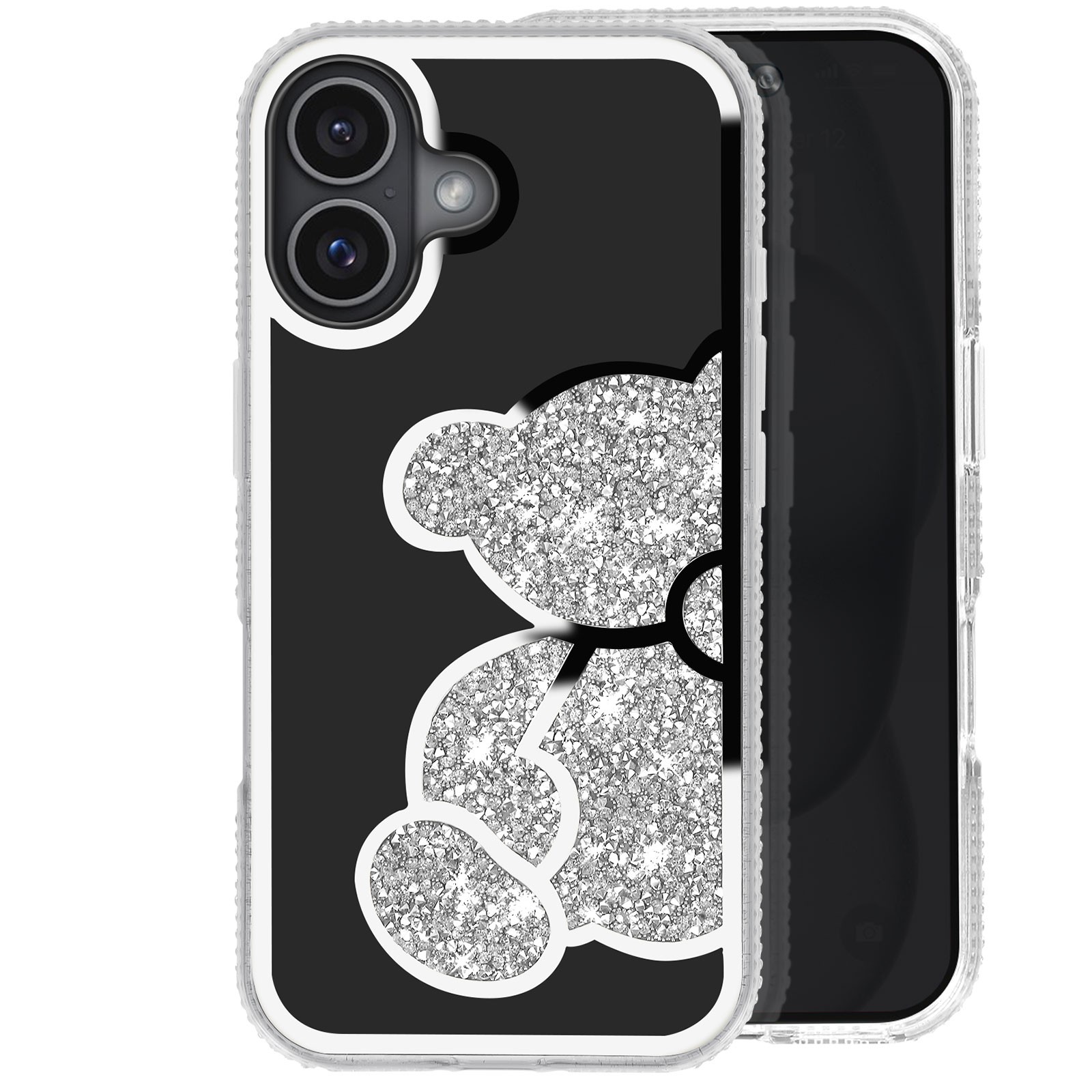 Coque iPhone 16 paillettes argentée Avizar avec motif ours strass antichoc