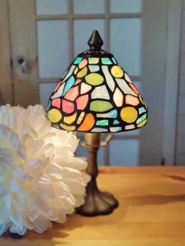 Vintage Tiffany Style Small Stained Glass Table Lamp - 11” Mosaic Bedside Mini
