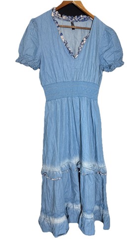 Lapis Womens L Chambray Denim Western Boho Cottage floral puff sleeve babydoll - Picture 1 of 11