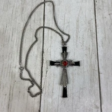 JPI 2000 Silvertone and Black Enamel Cross Pendant Necklace on Chain