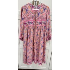 R. Vivimos Floral Print Dress Bohemian Tassel Tie Long Sleeve Pink M