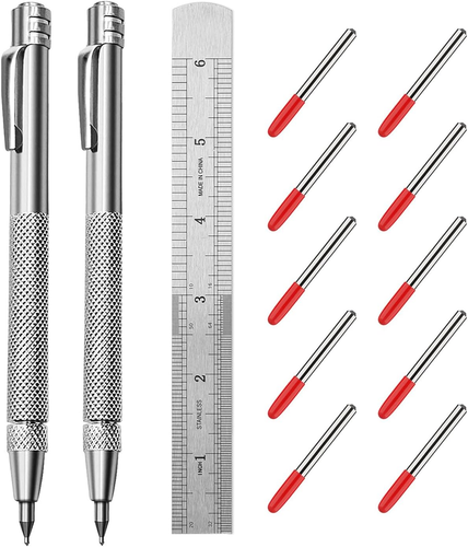 2 Pack Tungsten Carbide Tip Scriber Tool with 10 Refills 1 Ruler, Metal ...