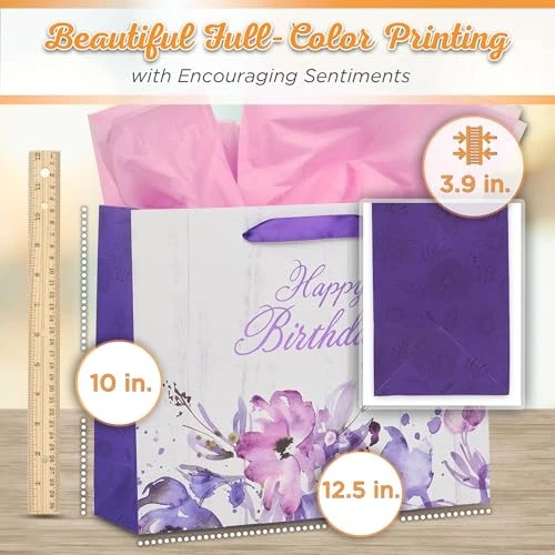 Подарочная сумка с фиолетовым цветочным узором на день рождения с карточкой и папиросной бумагой большого размера - Изображение 2 из 4