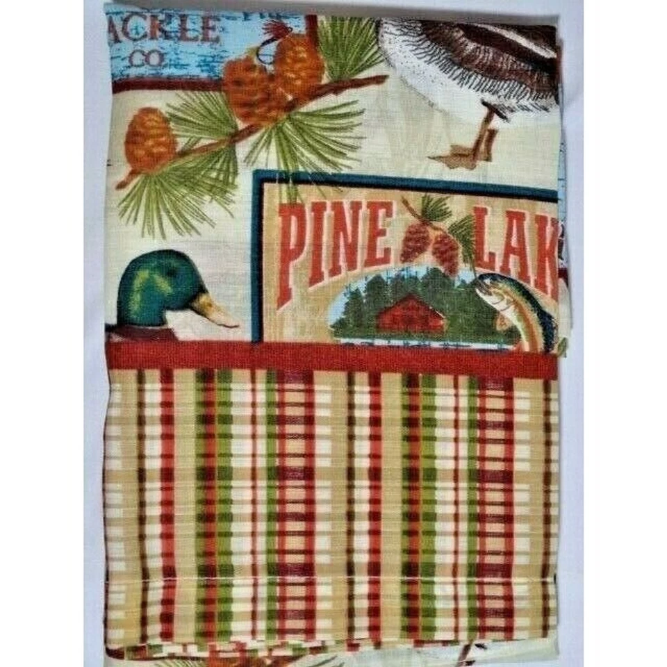 Pine Lake Fishing Lodge Kitchen Curtain 3-pc Vallance Tiers Retro Cabin Home  - Image 2 of 4