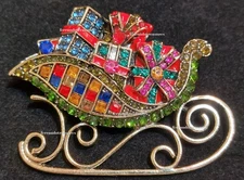 Christmas Brooch Sleigh Full of Gifts Crystal Rhinestone Pin and Red Velvet Bag