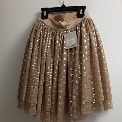 Minymo Girls Mesh Tutu Skirt Hearts 10Y Tan/Silver Elastic Waist Pull-On