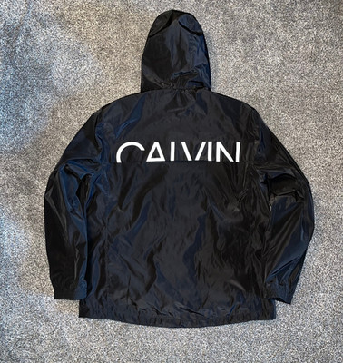 Calvin Klein Black Lined Soft Shell Full Zip Windbreaker Spellout Logo Jacket L