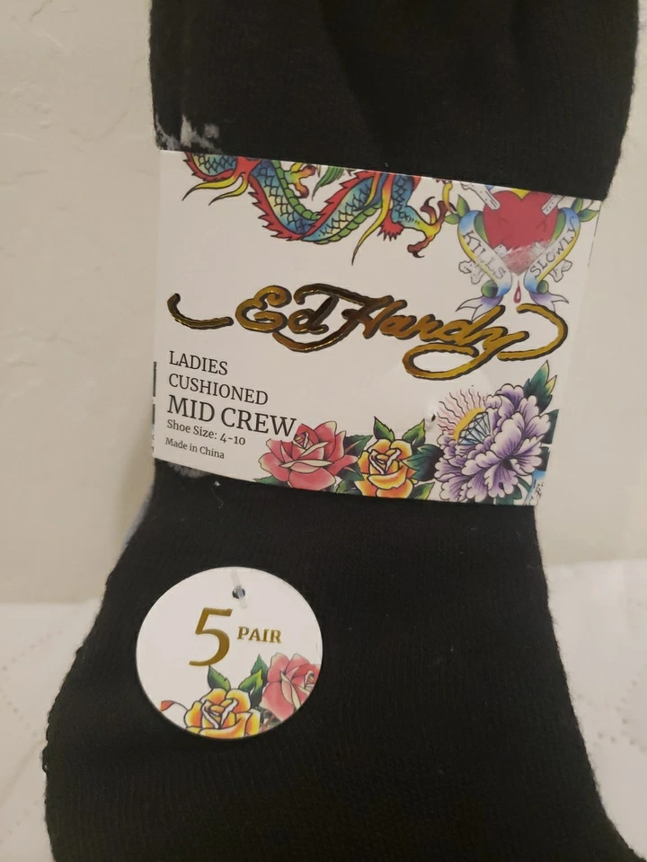 Ed Hardy Para Mujer 5 Pares Acolchados Medio Crew Calcetines Flor Calavera Talla 4-10 NUEVO Foto 2 de 4