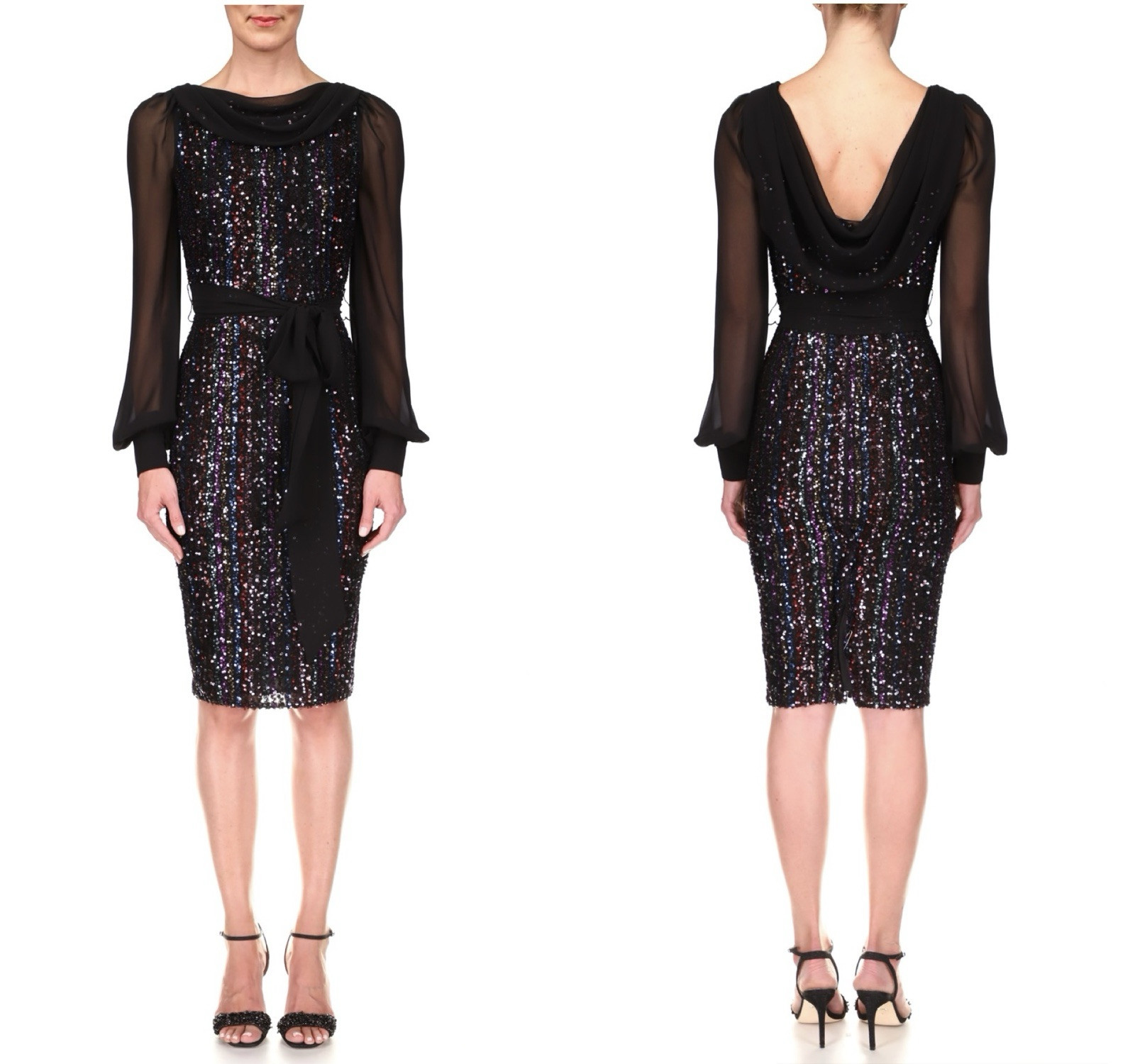 Badgley Mischka Black Belted Stripe and Sequined Tulle and Chiffon Dress Size 4
