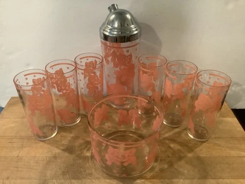 Vintage 1950's Hazel Atlas Dancing Pink Elephants Glasses Shaker & Ice Bucket