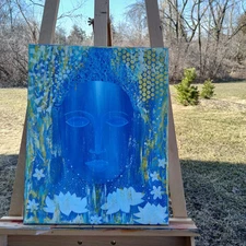 Original Acrylic Painting By Bianca Rotaru Blue Buddah Hand Painted 