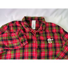 Disney Mickey Mouse Santa Flannel Pajama Shirt Red Green Plaid Men's L Christmas