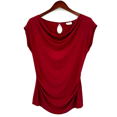 NY&Co Soho Blouse Womens Medium Red Draped Neck Short Sleeve Stretch Top