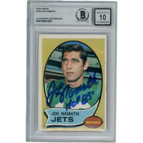 Joe Namath Autographed 1970 Topps #150 HOF Slabbed Trading Card Beckett 53336