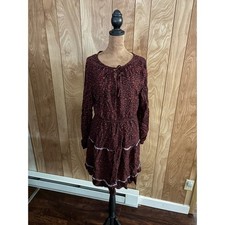 SHEIN Burgundy Leopard Print Tie Neck Long Sleeve Ruffle Mini Dress Large