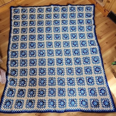 Vintage Crochet White/Blue 3D Rose Afghan Granny Square Blanket
