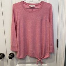 Loft Women s 3/4 Sleeve Rose Pink Tie Front Crew Neck Sweater Size MD Valentines