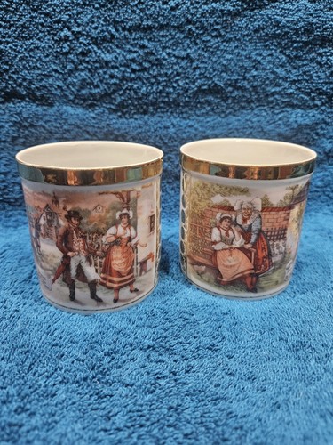 Vintage Folk Art Porcelain Coffee Mugs Pair Gold Trim Czech Slovak Village Scene