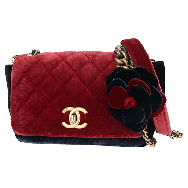 CHANEL Mini Matelassé Shoulder Bag with Chain and Camellia in Velour Red Black Navy A43