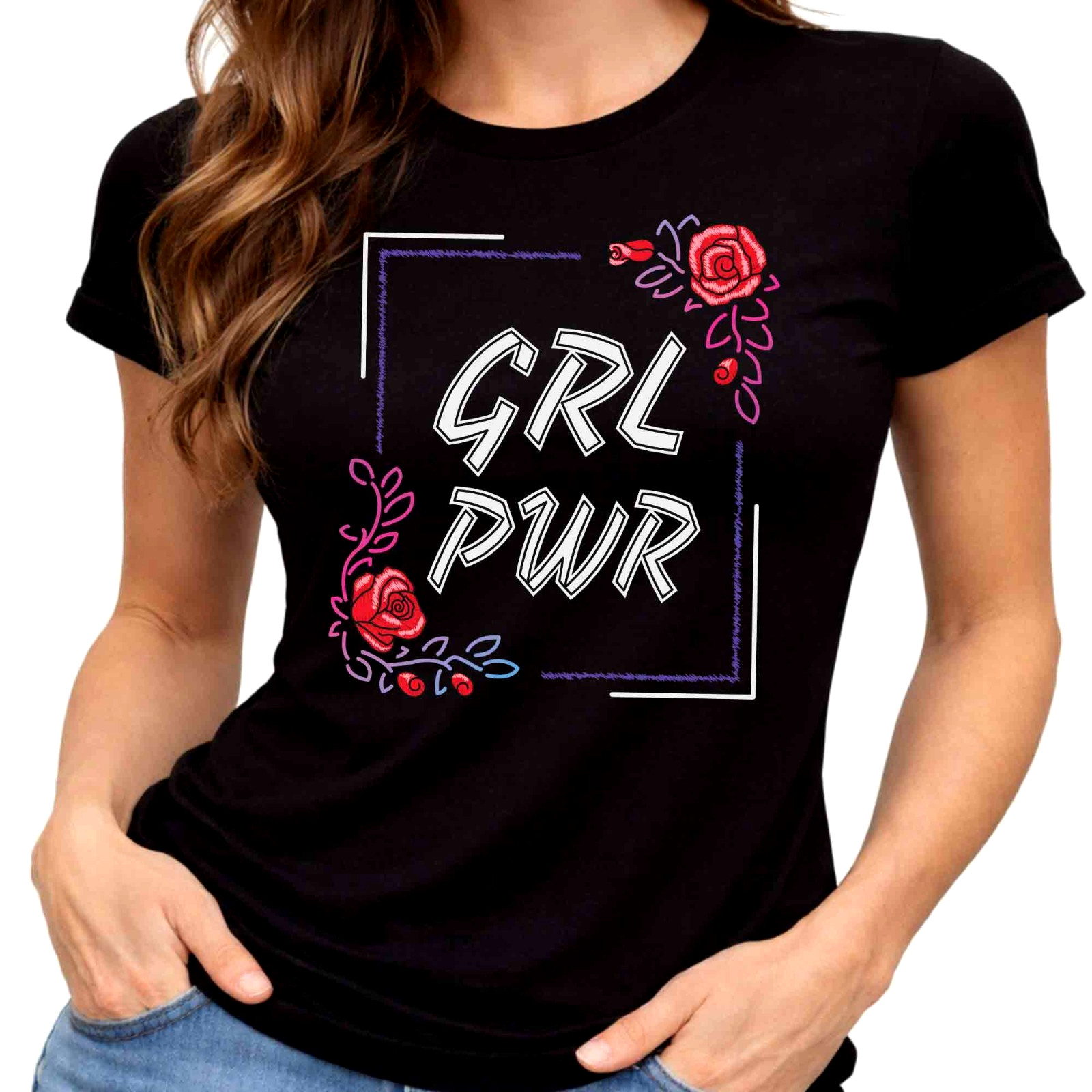 Camiseta GRL PWR Niña Power Floral Rosa Vintage Feminismo Feminista Cita Gráfica.
