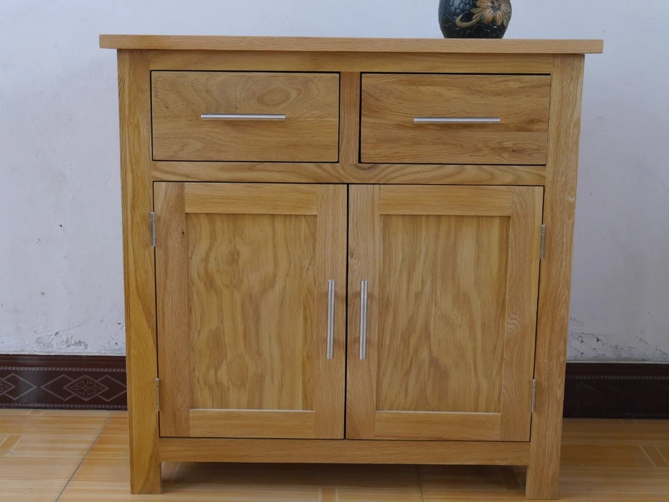 Beige OAK Mini Sideboard with 2 Doors 2 Drawers OAK Buffets Cabinet 75cm - Image 2 of 4