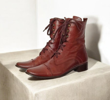 90's Vintage Flat Brown Leather Boots Lace Up Combat Ankle Womens Boots 38-7.5