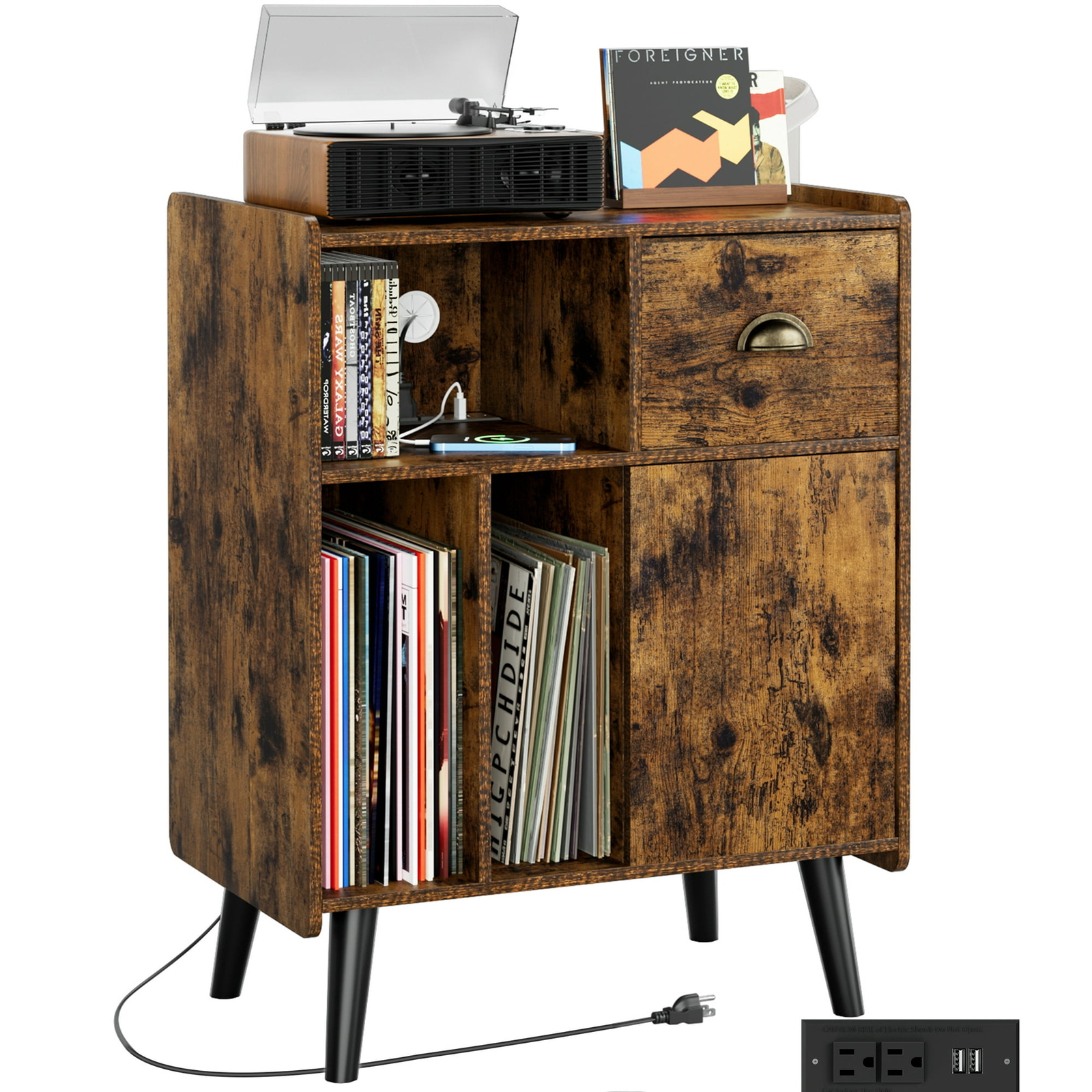 Vinyl Record Player Stand Cabinet w/Power Outlet Album Turntable Stand Cabinet
