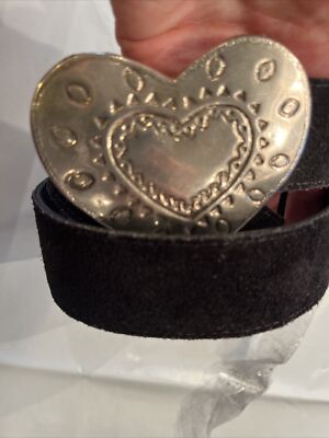 90s Circa SILVER 3.5” HEART buckle BELT BLACK SUEDE TOOLED 