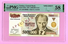 Turkey Central Bank 5000000 Lira SPECIMEN Pick210as 1997 PMG 58 aUNC