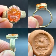 Beautiful Ancient Roman Agate Stone Animal Intaglio Bronze Ring