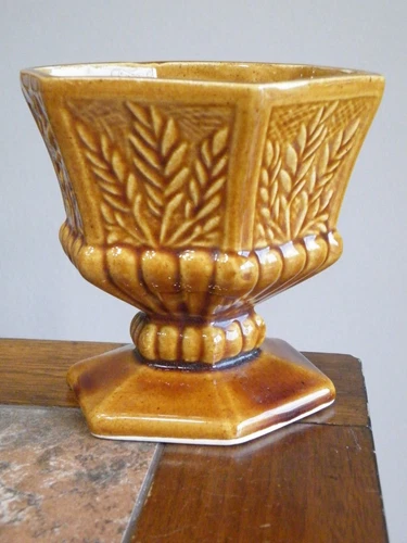 RARE Vintage BRUSH McCOY Art Pottery PLANTER 6 Sided PEDESTAL Embossed WHEAT