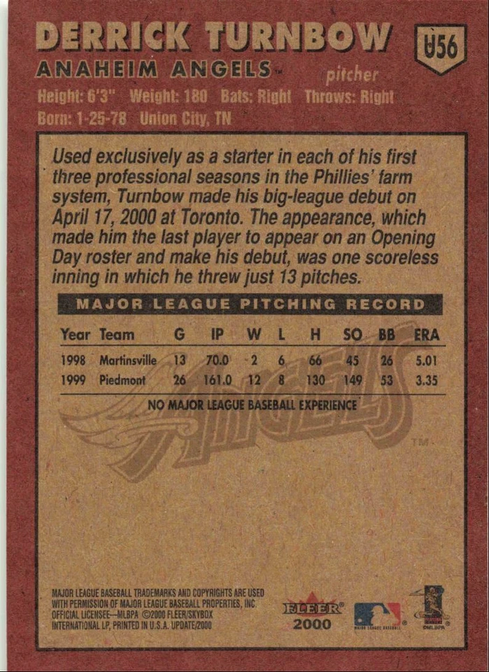 2000 Fleer Tradition Update Rookie Derrick Turnbow Anaheim Angels #U56 - Image 2 of 2