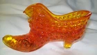 FENTON  URANIUM GLASS VASELINE COUGAR ORANGE RED YELLOW HOBNAIL SHOE  AMBERINA