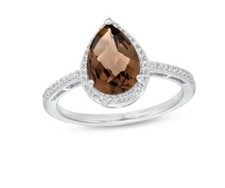 DEAL FINE Elegant 925SS Natural Brown Smoky Quartz CZ Halo Teardrop Ring Size 8