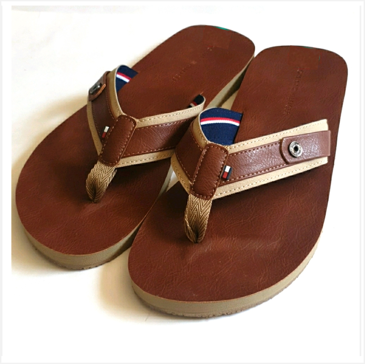 Tommy Hilfiger Brown Leather Men\'s Thong Sandals with Flag Detail Size 10 TOMMY HILFIGER Drew Brown Faux Leather Flag Sandals Flip  main image 4