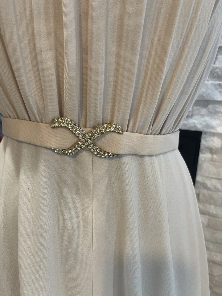 Vintage 1970s Cream Beige Maxi Sleevless Gown Pleated Sweep By Paul Stanley - Image 4 of 4