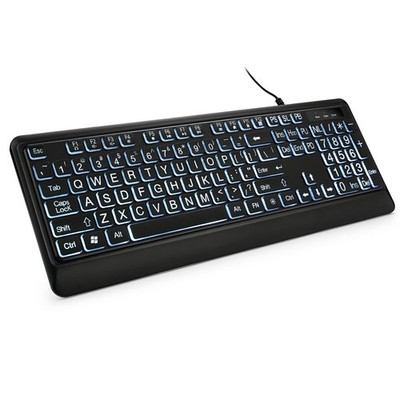 Large Print Backlit Keyboard USB Wired Full Size White Illuminated LED Black