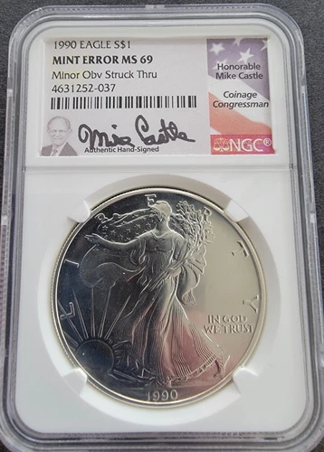 1990 $1 ASE MS69 Obverse Struck Thru Error Mike Castle Signature