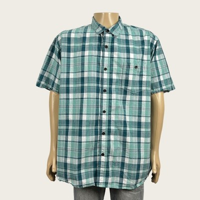 RedHead Men's 3XL Teal Green White Plaid Button Front Cotton Camp Shirt
