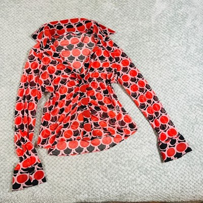 ZARA sheer orange/pink/black polka dot sheer office siren long scrunch blouse xl
