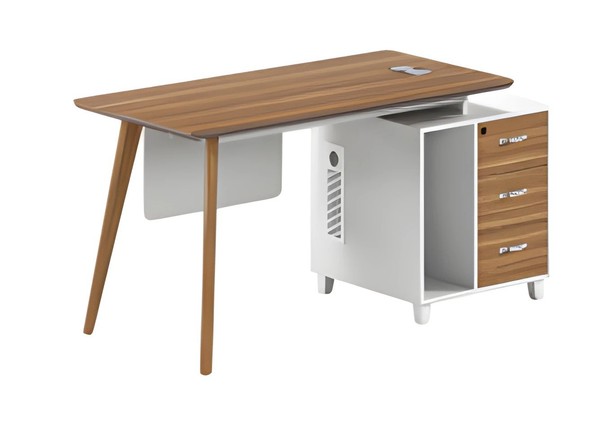 Moderner Schreibtisch Aus Holz Und Weiß Mit Stauraum Und Eleganten Holzbeinen-image