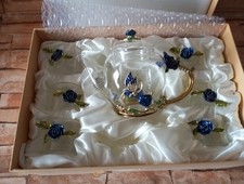 FLOATANT GLASS TEA SET FRANCE ENAMEL BLUE ROSE BUTTERFLY HEAT RESISTANT.BNIB