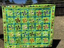 Handmade Reversible Quilt 46x54 Green Pinwheel Baby Blanket Dinosaur Back