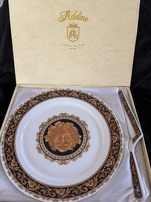 T. LIMOGES MILANO Porcelain Collection BACCHUS HANDLED CAKE PLATE SATINLINEDBOX