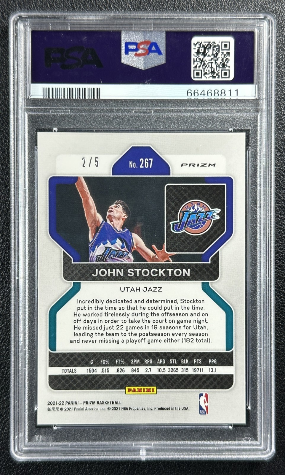 JOHN STOCKTON PSA 10 2021-22 PANINI PRIZM #267 GREEN SHIMMER PRIZM 2/5 JAZZ view 2
