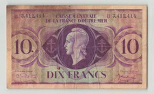 FRENCH EQUATORIAL AFRICA 10 Francs 1944, P-16e, Plate  B , Crisp VF, Stain.  S1